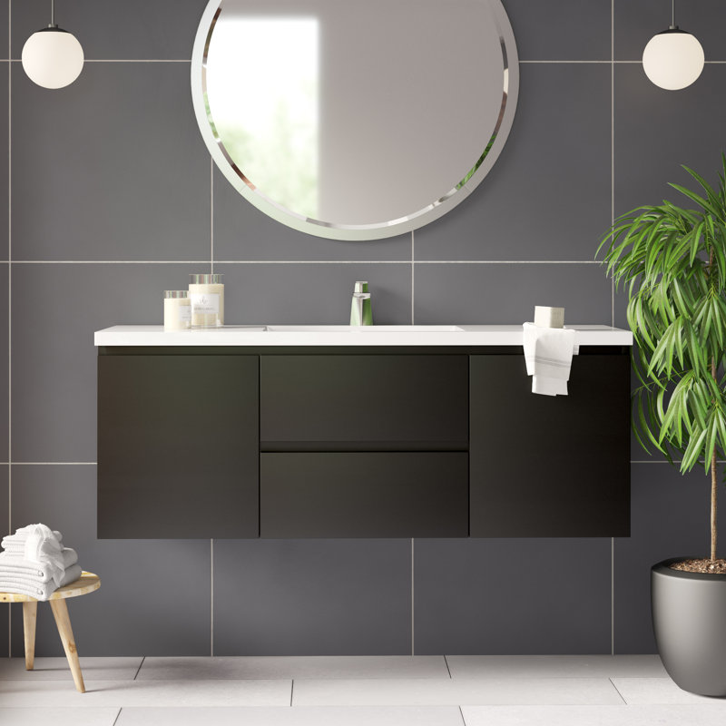 Ensemble de meuble-lavabo mural simple de 59,5 po Polychronis, Noir