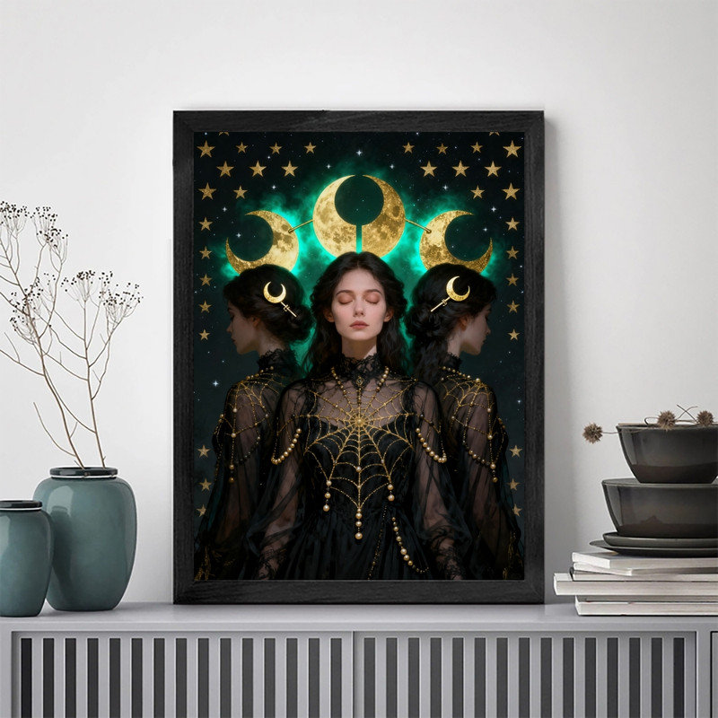 Art mural encadré noir, déesse de la lune rétro, impression de cadre mystique gothique céleste, H 11 po x l 9 po