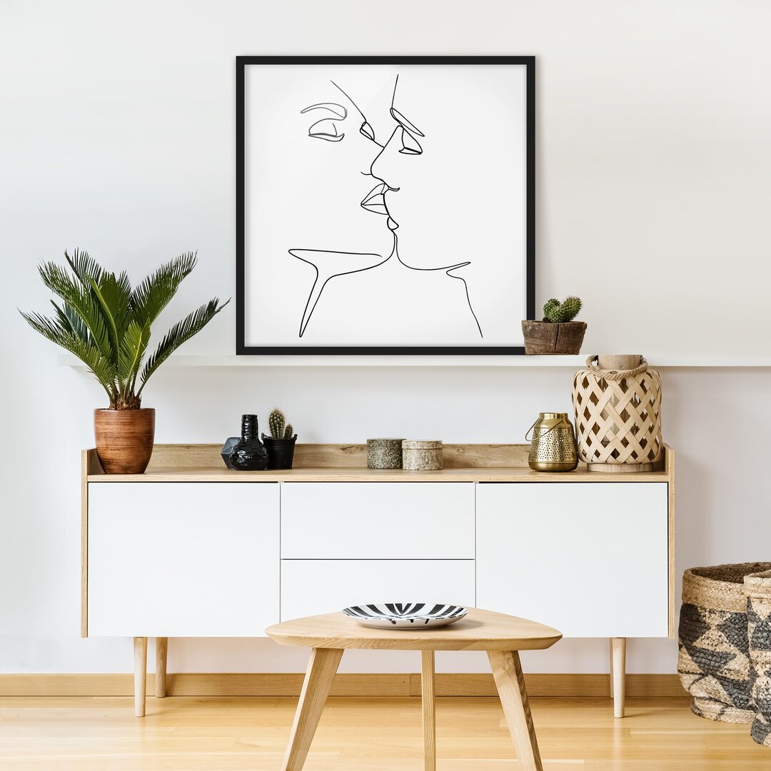 Gerahmter Kunstdruck Line Art Kiss Faces Black White