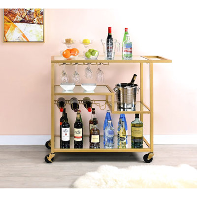 Chariot de service en miroir à finition champagne avec support, plateau de miroir de 5 mm et tablettes, cadre en métal, porte-verres à vin, roulettes, 3 compartiments ouverts, limite de poids de 70 lb, chariot de limite de tablette de 40 lb