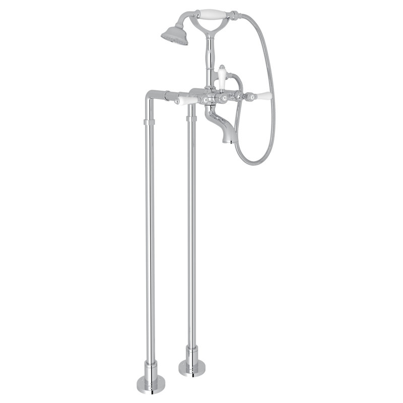 Acqui Floor Mount Tub Filler, Polished Nickel, Porcelain Lever Handle