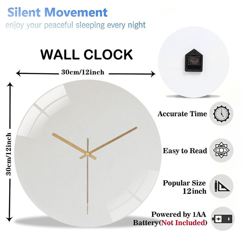 12" Round Tempered Glass Wall Clock with Silent Quartz Movement, Minimal Matte Finish
