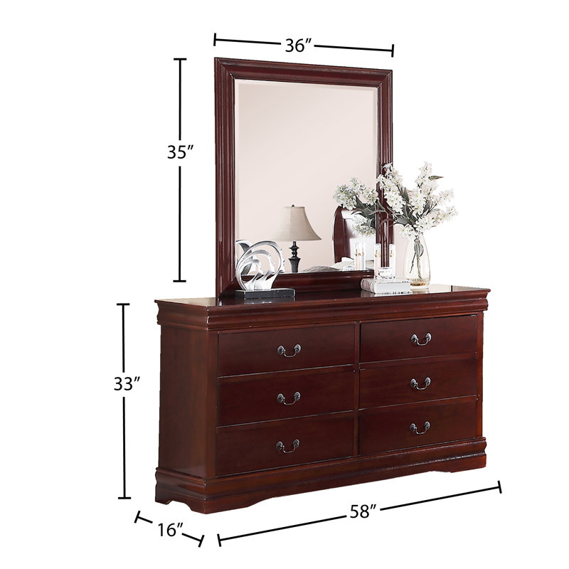 Commode double 6 tiroirs avec miroir Hemmer, Cerisier foncé