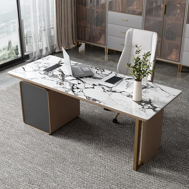 Gray + Coffee + Gold Rectangular Sintered Stone + Manufactured Wood + Stainless Steel with 3 drawers desk, Left Hand Return