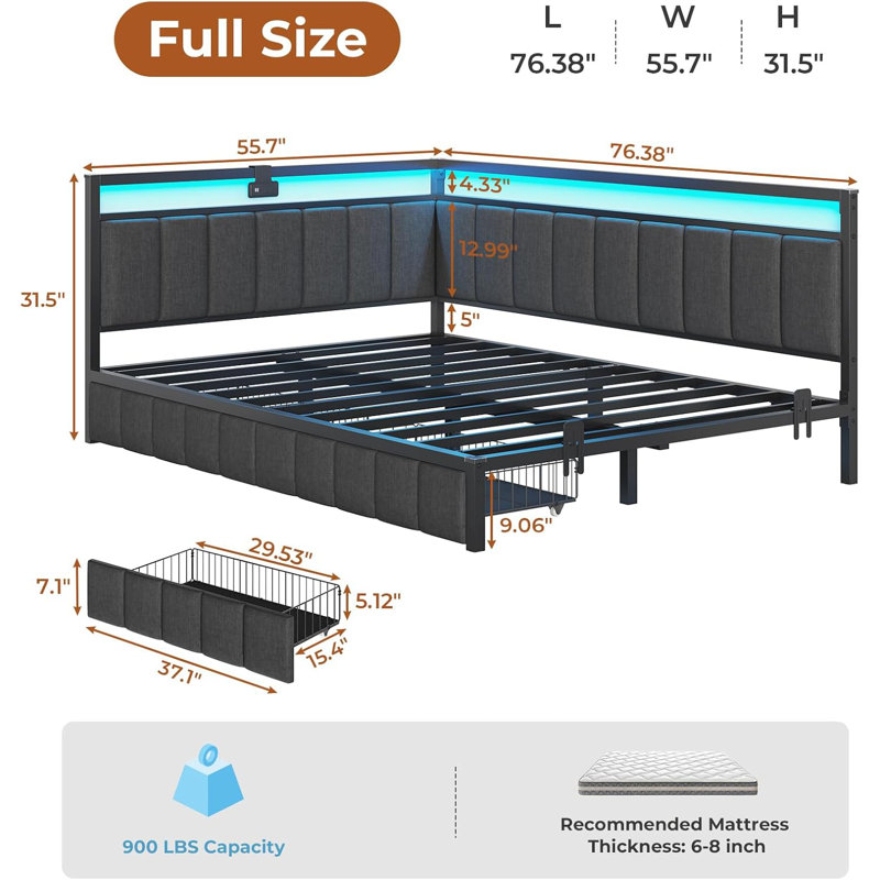 Corner Bed Frame with LED Lights and Charging Station, Cord Cloth Upholstered Bed with 2 Underbed Storage Drawers, Modern Sofa Bed, No Box Spring/No Noise