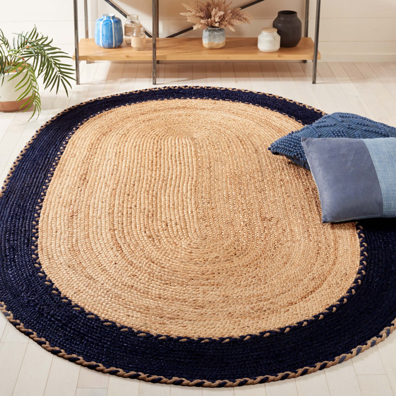 Ajeesh Natural Fiber Hand Loomed Jute/Cotton Rug in Natural/Navy, Oval 5' x 8'