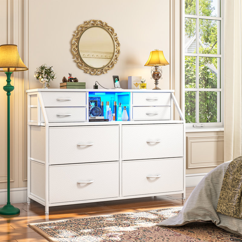 8 Drawer Dresser For Bedroom With Power Outlets & Led Lights, Chest Of Drawers With Open Shelves, White