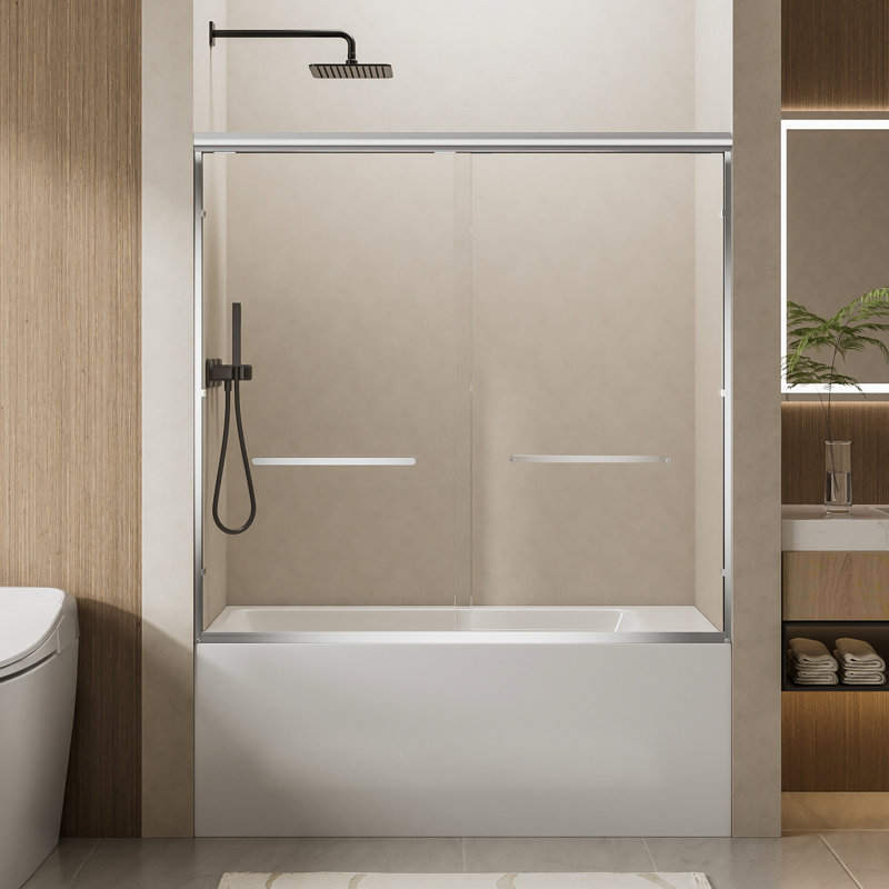 60" W X 57" H Soft-close Double Sliding Shower Door With Finish, 1/4" Thick Tempered Glass, Dual Stainless Steel Handles, , Reversible For Space - Saving Bathroom Designs, Leakproof Design Magnetic