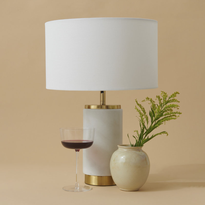 Arden 17 in. Mid-Century Modern LED Table Lamp with Fabric Drum Shade and USB Port