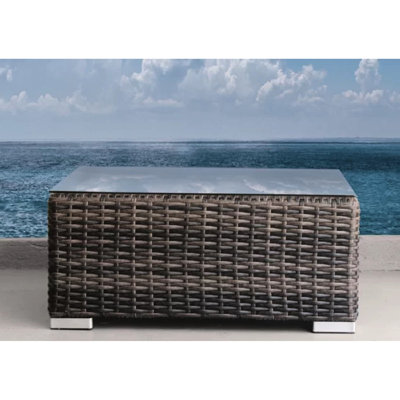 Square Outdoor Coffee Table In Brown , Tempered Glass Top, Weather- Aluminum Frame, No Assembly, 28" Square, 20 Lbs, Ideal For Spaces Table, Glass, All-Weather Resort Style