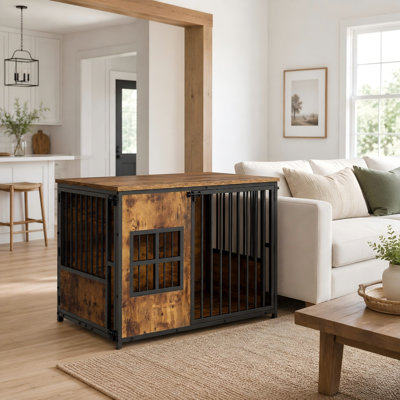 Grand meuble en bois pour cage de chien avec loquets de sécurité et plateau spacieux