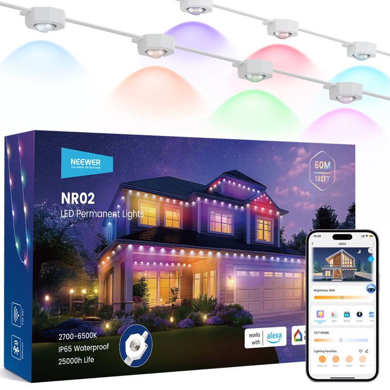 196ft Permanent Outdoor Lights for House Decor, Smart AI RGBCW Outside Eaves String Christmas Lighting with 120 LED Lights App Control 53 Scenes IP67 Waterproof, Compatible with Alexa, NR02