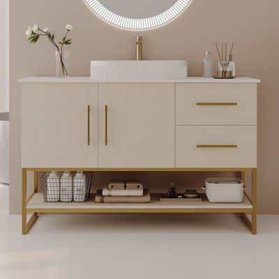 Meuble-lavabo moderne 47,2 po avec lavabo vasque en céramique, armoire autoportante dorée
