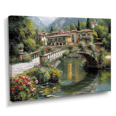 Poetic Flower Bridge Over Calm Town River - Bridges Wall Art Decor