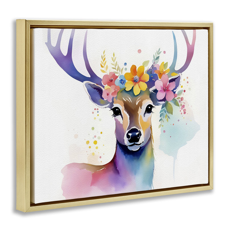 Art floral sur toile encadrée de cerfs par Amber Clarkson, Cadre flottant métallique doré, H 25 po x l 31 po