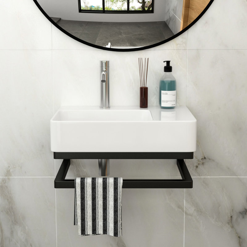 Wall - Mounted Ceramic Bathroom Sink 23.8"X16.5" With Faucet Hole And Black Towel Bar, Smooth Surface For Easy Cleaning Rectangular Long Standing Durability