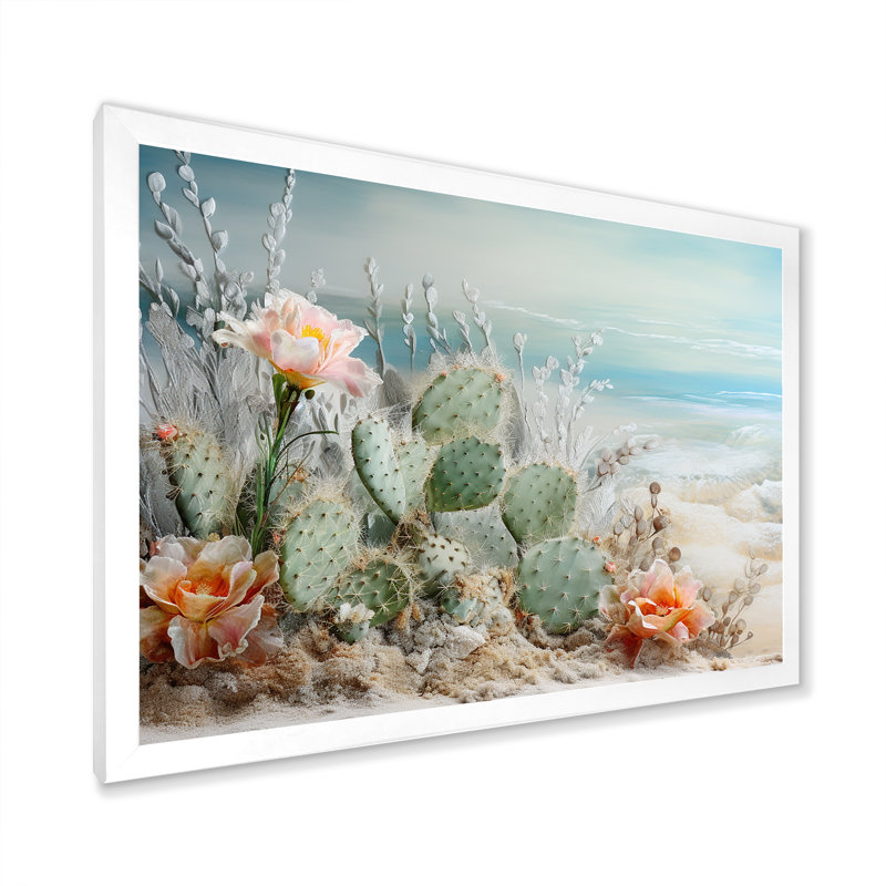 Collage de cactus sur la plage I sur toile, Cadre simple blanc, H 34 po x l 44 po x P 1,5 po