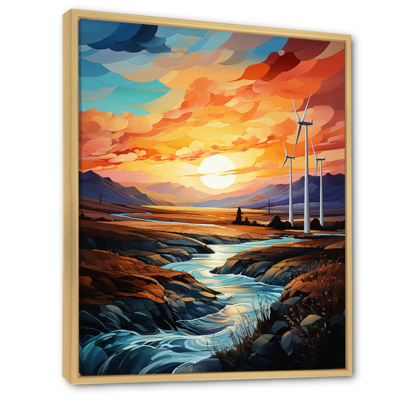 Wind Turbines Sunrise Valley I sur toile, Cadre naturel flottant, H 44 po x l 34 po x P 1,5 po
