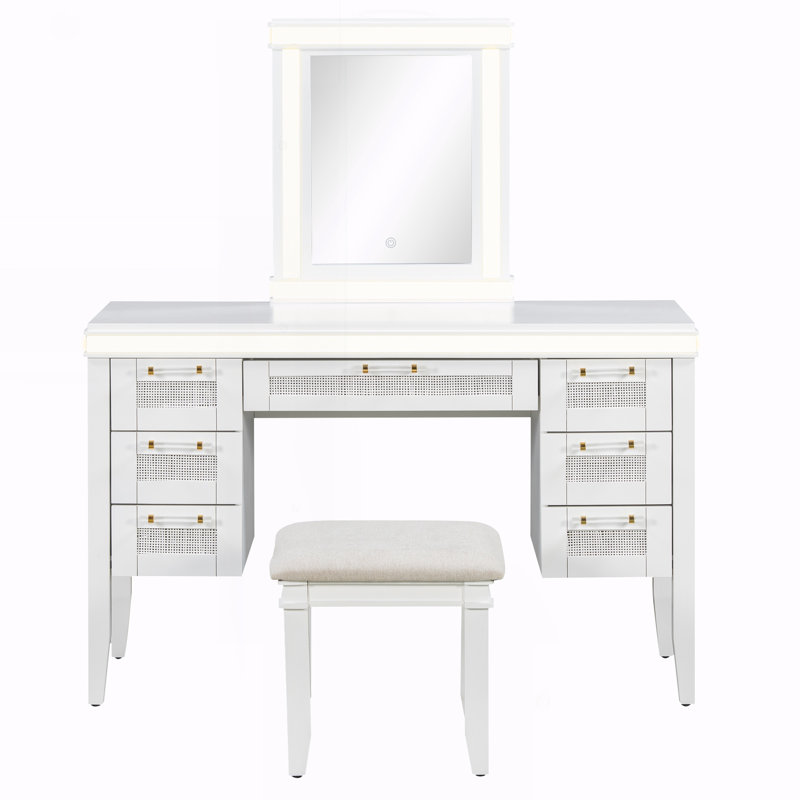 Makeup Vanity Desk With Mirror Lights And 7 Drawers, Includes Cushioned Stool And Hollow Design For Elegant Bedroom Organization.