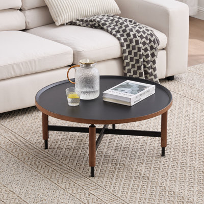 Modern Round Coffee Table - 31" Black Iron & Brown Wood - Cross Base Design With Adjustable Feet