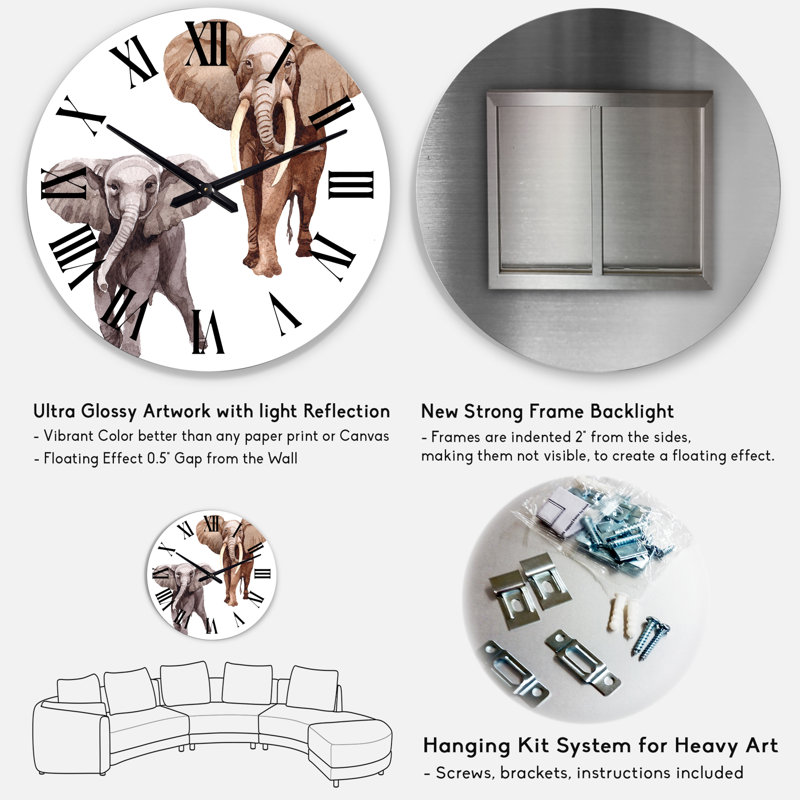 Exotic Elephants on White - Horloge murale traditionnelle, Moyen