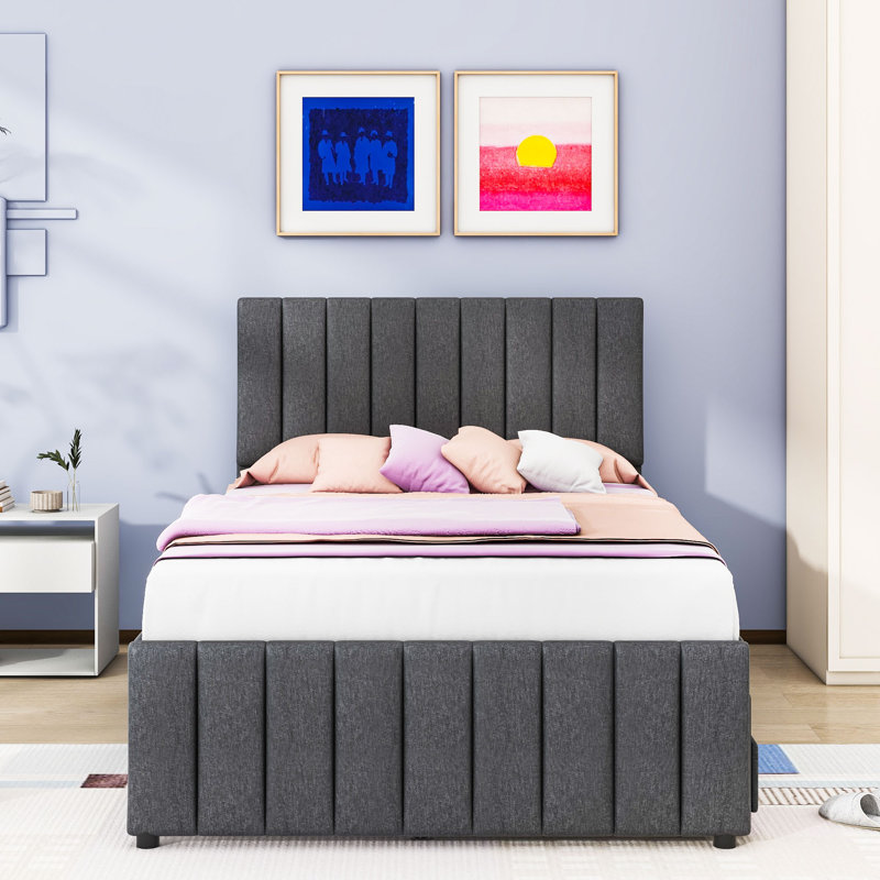 Upholstered Platform Bed with Twin Trundle and 3 Storage Drawers, Gris, Double