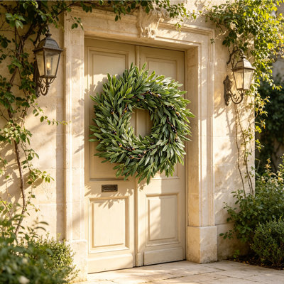 Couronne d'olivier, couronne de verdure artificielle de 21,6 pouces avec anneau de fer robuste, branche d'olivier réaliste et feuille pour la décoration printemps-été, verdure, couronnes pour la porte d'entrée