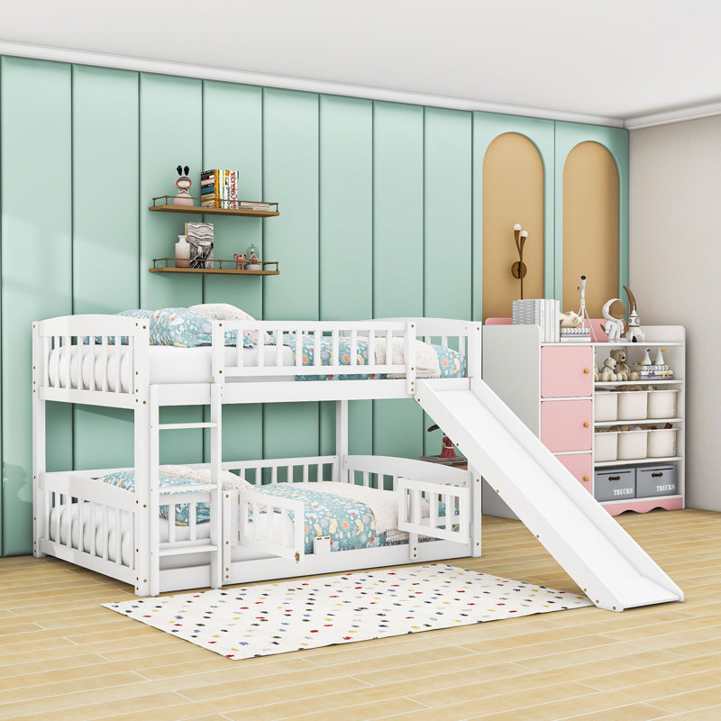 Wood Bunk Bed With Slide And Guardrails, White, Full over Full