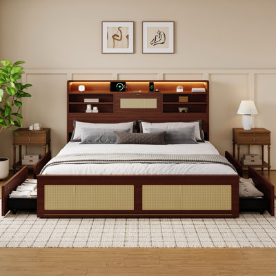 Modern Minimalist Storage Bed With Woven Rattan Accent, Open Storage Headboard