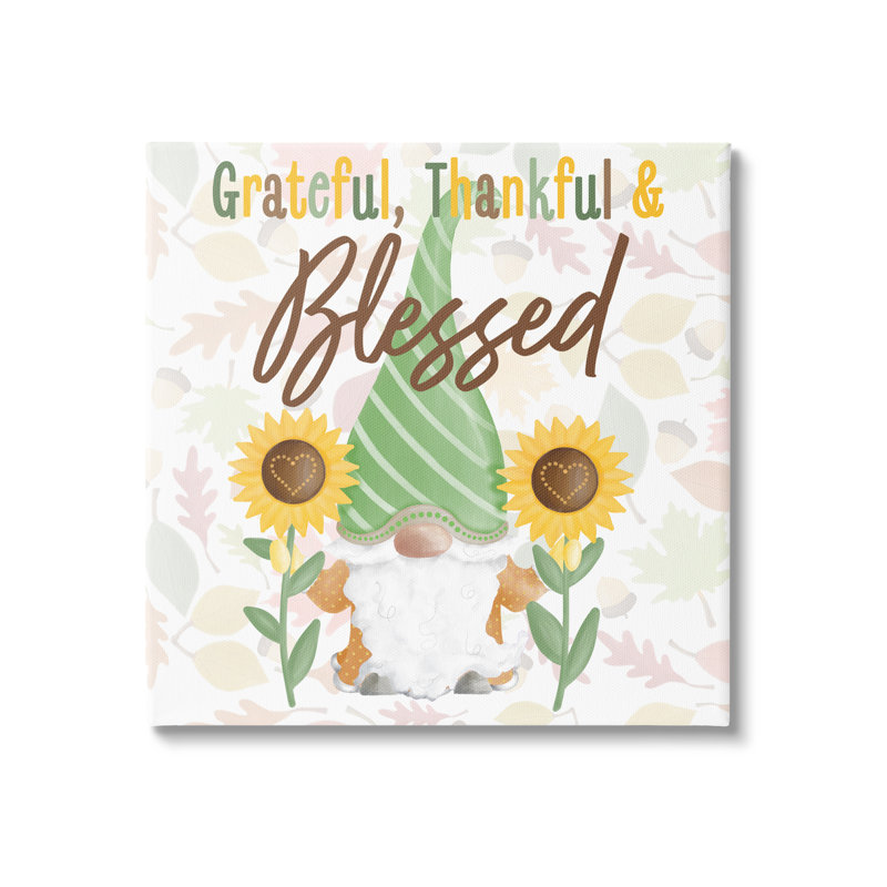 «Grateful Sentiment», typographie, gnome de jardin, tournesols, encadré noir, art texturé par Andi, Toile tendue