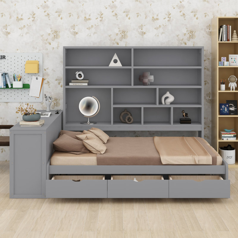 Lit de jour moderne en bois comprenant trois tiroirs, un bureau, des tablettes et une lumière, Gris