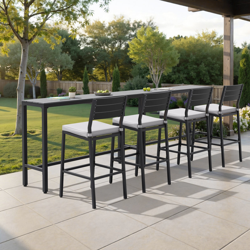 Ensemble de bar de patio en métal pour 4 personnes avec coussin amovible, 280 cm (L) x 40 cm (P), Gris, Gris