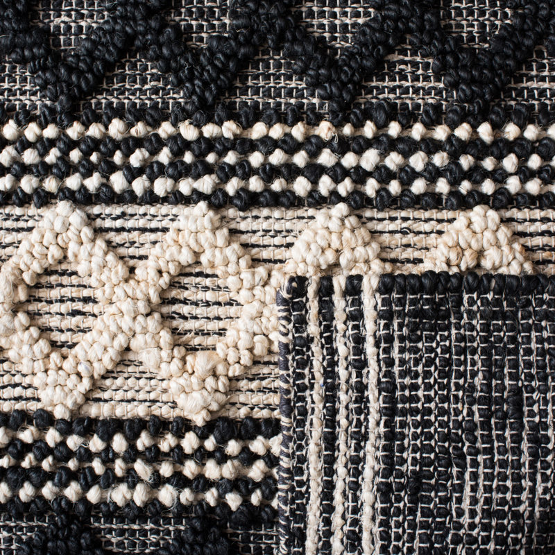 Tapis géométrique en jute / coton tissé à la main en fibres naturelles ivoire / noir, Rectangle 5 pi x 8 pi