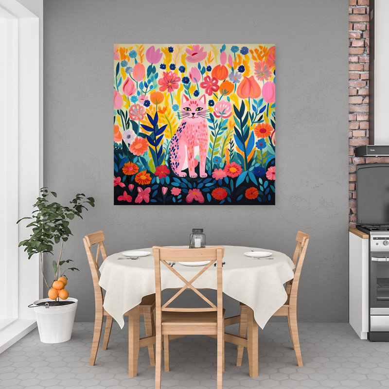 Art mural contemporain abstrait avec un chat rose