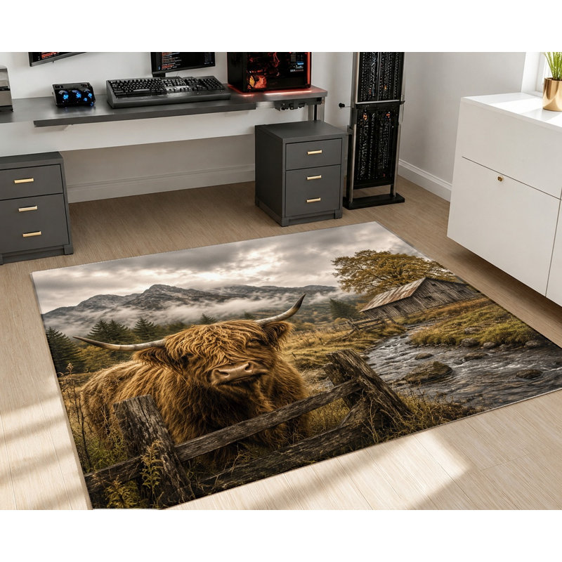 Tapis imprimé paysage vache des Highlands, texture réaliste de fourrure animale, tapis de sol inspiré de la nature, antidérapant et lavable, idéal pour le salon, la chambre, le bureau, l'appartement.