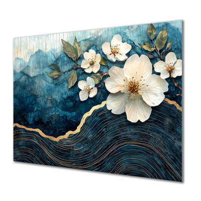 Fleur de pommier dans une rivière à encre dorée et bleue - Art mural en métal Apple Blossom