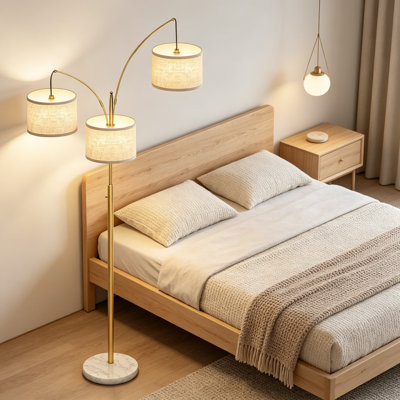 Lampe sur pied à arc à 3 lumières à intensité variable, grand arbre moderne sur pied avec mât doré, abat-jour en lin blanc et base en marbre massif, ampoules à DEL blanc chaud 3000LM, éclairage élégant pour le salon, la chambre à coucher et le bureau