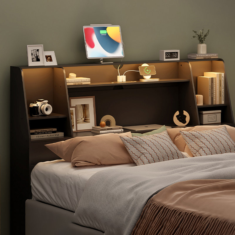 Tête de lit bibliothèque moderne avec lumières DEL et station de charge intégrée, tête de lit avec tablettes ouvertes pour la chambre à coucher