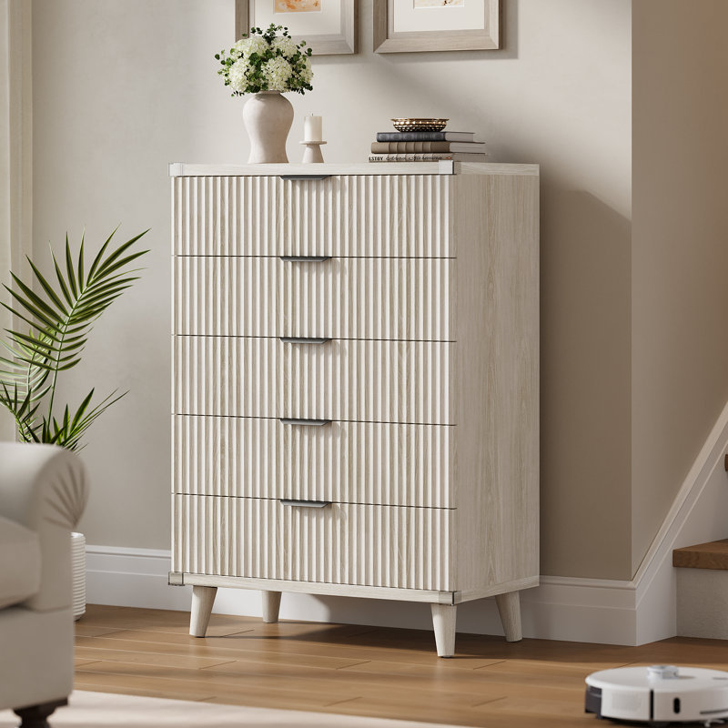 Commode à 5 tiroirs cannelés pour chambre à coucher, commode moderne de 28 po avec tiroirs profonds, organisateur de tiroir en bois pour salon, couloir, chambre de bébé, garde-robe de couloir