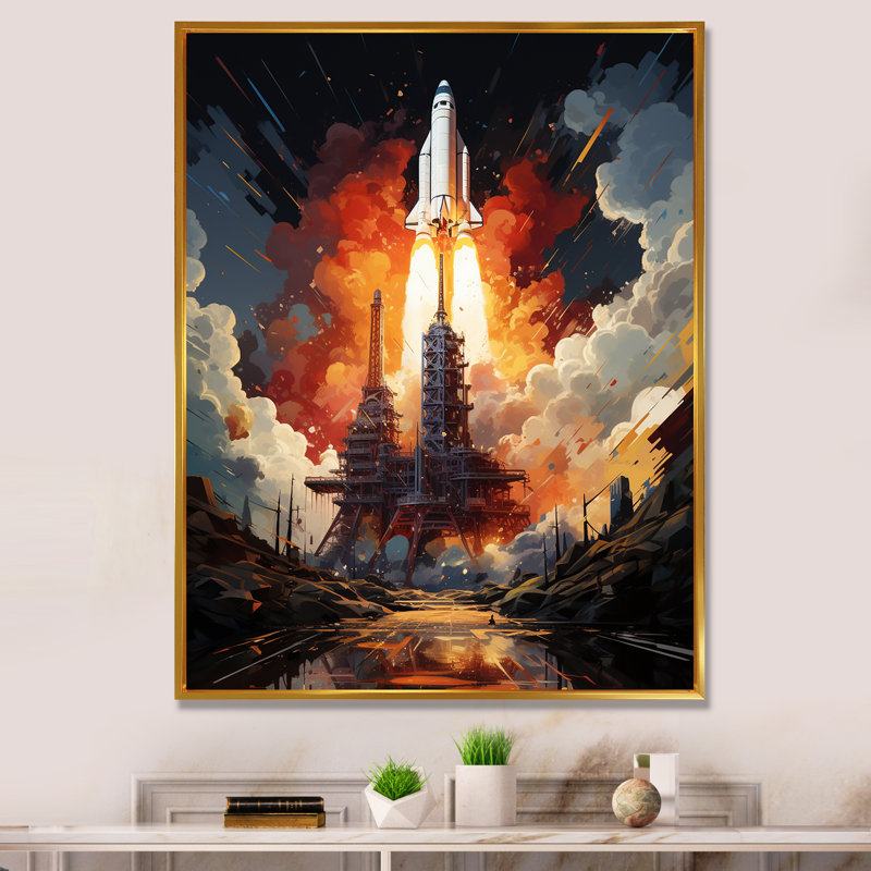 Rocketship Cosmic Ascent I - impressions d'art mural Rocketship, H 44 po x l 34 po x P 1,5 po, Cadre flottant doré