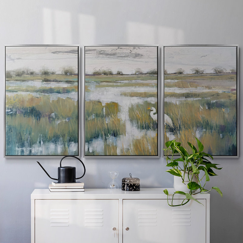 Marshland View VI, ensemble de 3 toiles encadrées, Encadrement argenté, H 36 po x l 75 po x P 2 po