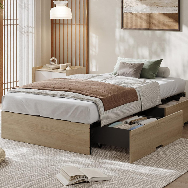 Twin XL Wood Platform Bed Frame with 2 Storage Drawers, No Box Spring, Beige, Twin XL