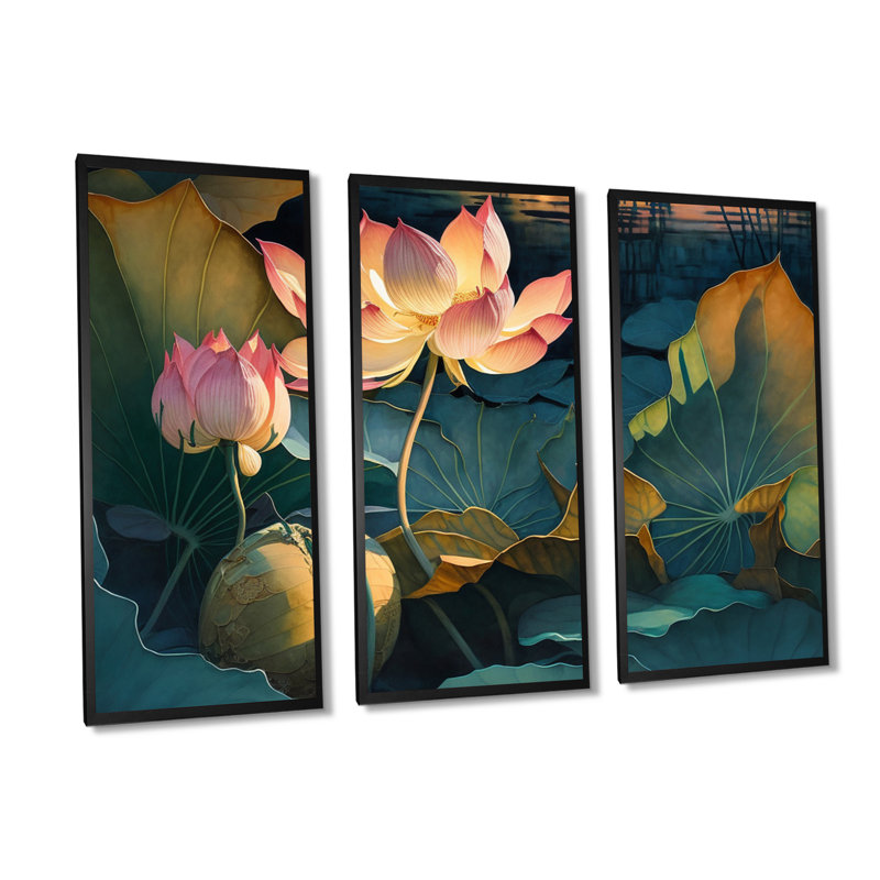 " Blooming Vintage Lotus In The Pond II " 3 - Pieces, Black Framed Canvas, 36" W x 28" H