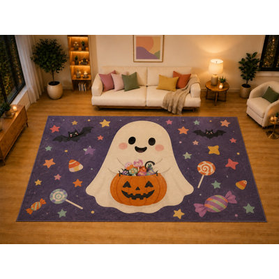 Tapis à citrouille fantôme mignon de très grande taille 6 pi 7 po x 9 pi 10 po «Ultra Léger» pour la chambre du salon, envers antidérapant doux à poils courts, décoration mauve orange pour enfants
