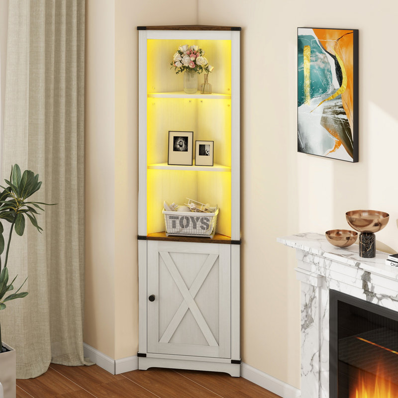 Aspen White Corner Bookcase with Adjustable Shelves and LED Light