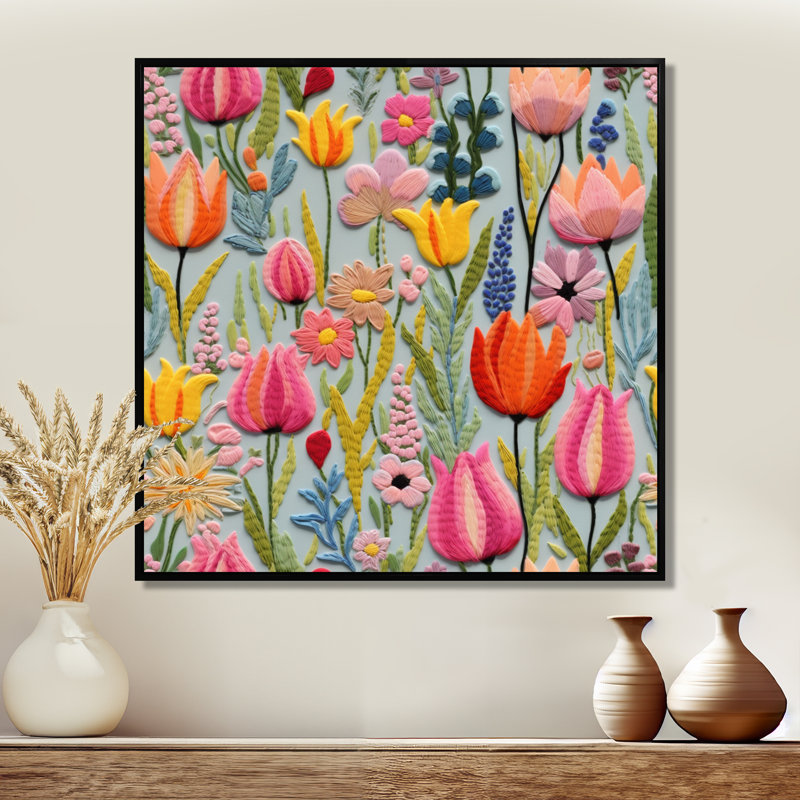 «Blooming Tulips Colorful Summer - Tulips», art mural, Toile avec cadre flottant noir, H 30 po x l 30 po x P 1 po