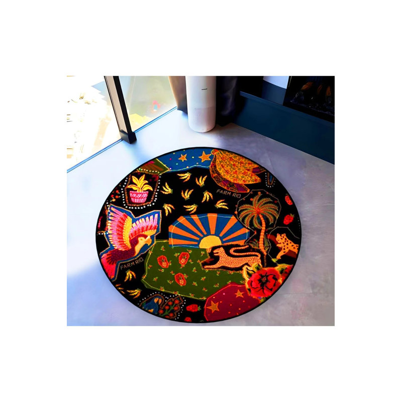 Woven Base Modern Decorative Carpet With Dark-Toned Shapes And Animals, Round 3'4"