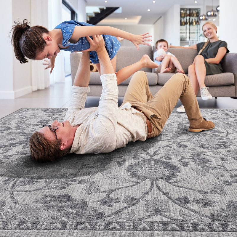 Tapis tissé 5 x 7 gris / argenté et approuvé, teint, sans perte de poils pour la maison