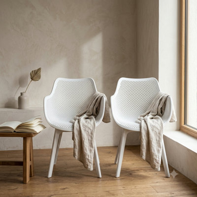 Perfo White Tub-Style Arm Ergonomic Curved Back Plastic Chairs For Home (Set Of 2)