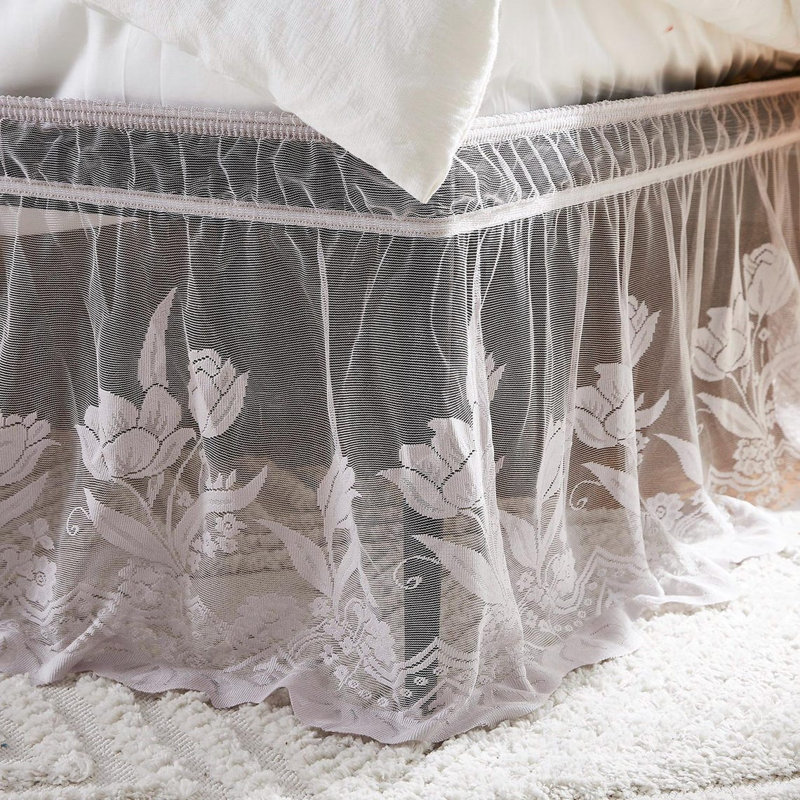 Lace Bed Skirt For Farmhouse Or Victorian Bedding. Dust Ruffle Bed Skirt For Any Bedroom Decor, Silver, King